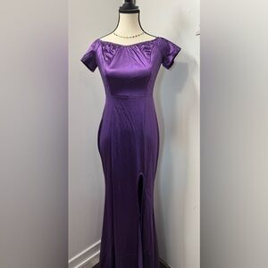 Elegant Purple Short Sleeve Satin Maxi Dress Split On The Left Leg S